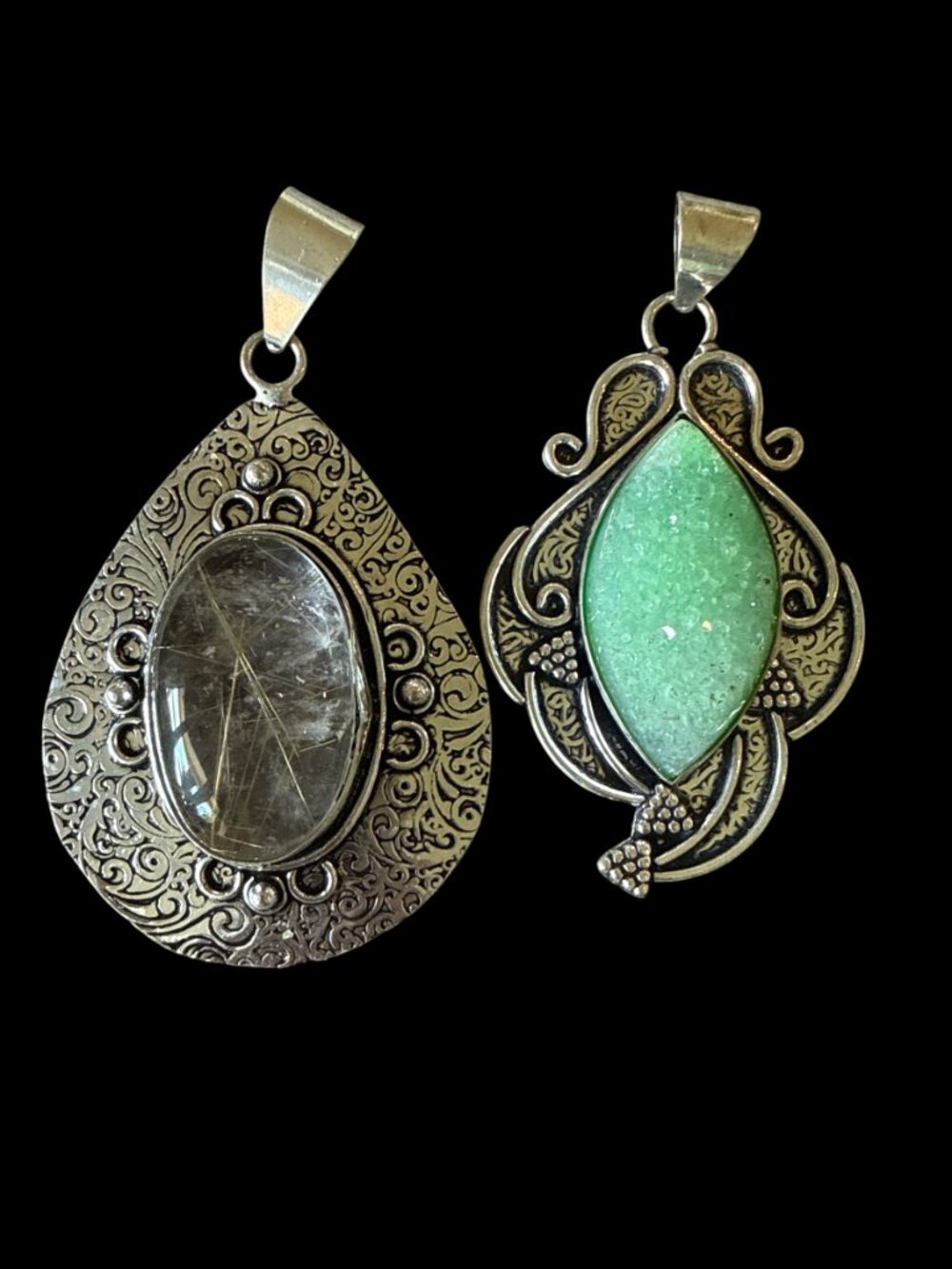 Boho Silver Tone Faux Stone Pendant Lot of 2